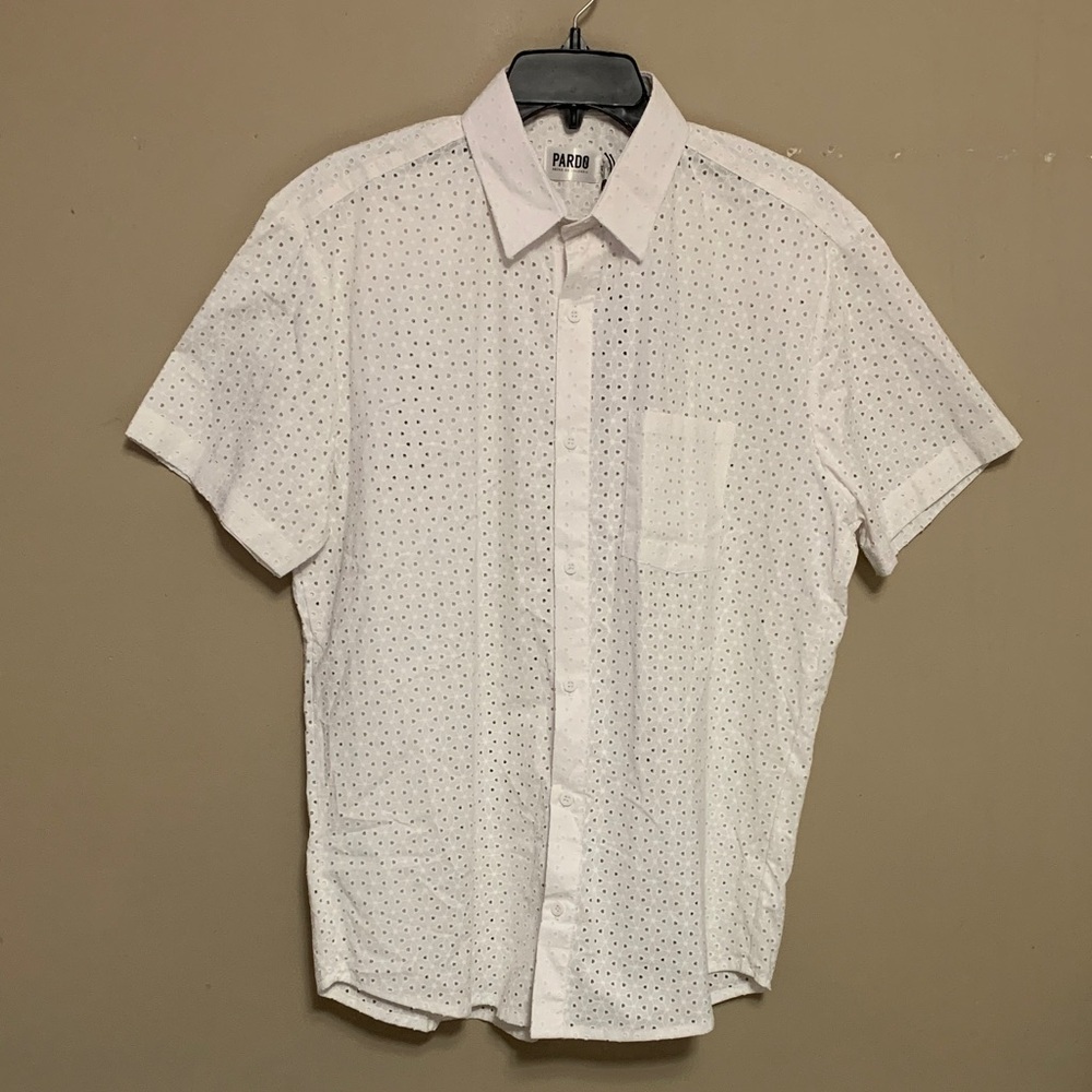 Pardo Men’s Retro White Short-Sleeve Eyelet Button-Down Shirt XL Stylish NWT